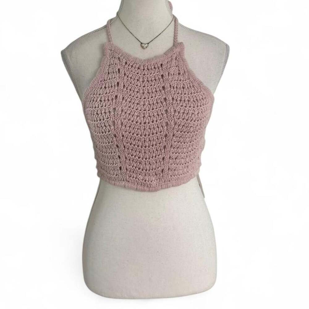 Baby Pink Knitted Backless Halter Tropical Summer Spring Break Top Size Small